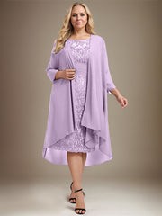 Sheath/Column Scoop Illusion Knee-Length Lace Chiffon Mother of the Bride Dress With Cascading Ruffles Sequins