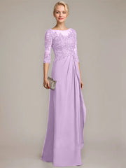 A-line Scoop Illusion Floor-Length Chiffon Lace Mother of the Bride Dress With Beading Sequins Cascading Ruffles