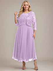 A-line Boat Neck Illusion Tea-Length Lace Chiffon Mother of the Bride Dress With Sequins