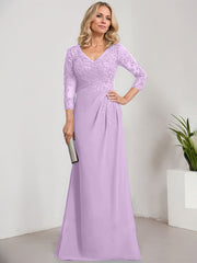 Sheath/Column V-Neck Illusion Floor-Length Lace Chiffon Mother of the Bride Dress With Pleated Sequins