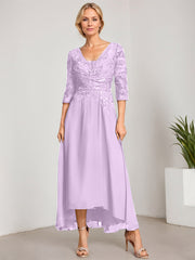 A-line V-Neck Asymmetrical Chiffon Lace Mother of the Bride Dress With Pleated Beading