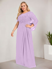A-line Scoop Illusion Floor-Length Lace Chiffon Mother of the Bride Dress With Sequins Pleated