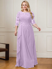 A-line Scoop Floor-Length Lace Chiffon Mother of the Bride Dress With Cascading Ruffles Sequins