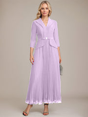 A-line Collared V-Neck Ankle-Length Chiffon Mother of the Bride Dress With Beading Pleated