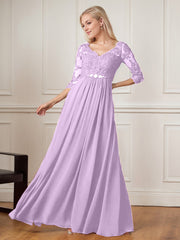 A-Line Floor-Length V-Neck Lace Chiffon Mother of the Bride Dress