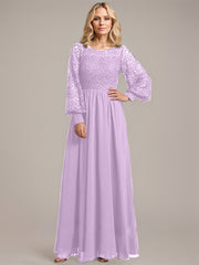 A-line Scoop Illusion Floor-Length Lace Chiffon Mother of the Bride Dress