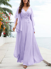 A-Line V-Neck Floor-Length Chiffon Mother Of The Bride Dresses With Appliques Lace