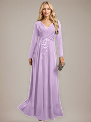 A-line V-Neck Floor-Length Stretch Crepe Evening Dress With Pleated Sequins Appliques Lace