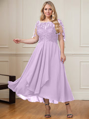 A-line Boat Neck Illusion Asymmetrical Lace Chiffon Mother of the Bride Dress With Cascading Ruffles Sequins