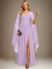 A-line V-Neck Floor-Length Lace Chiffon Evening Dress