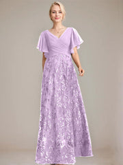 A-line V-Neck Floor-Length Lace Sequin Chiffon Mother of the Bride Dress With Pleated