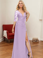 A-Line V-Neck 1/2 Sleeves Floor-Length Chiffon Mother Of The Bride Dresses With Lace