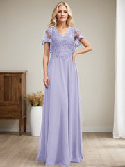 A-line V-Neck Floor-Length Lace Chiffon Mother of the Bride Dress With Sequins