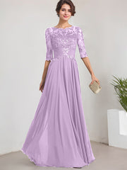 A-line Scoop Illusion Floor-Length Lace Chiffon Mother of the Bride Dress With Pleated Sequins