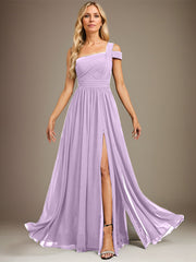 A-line Cold Shoulder One Shoulder Floor-Length Chiffon Evening Dress With Pleated