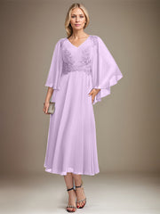A-line V-Neck Tea-Length Chiffon Lace Mother of the Bride Dress With Sequins Beading