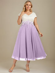 A-line V-Neck Tea-Length Satin Chiffon Mother of the Bride Dress With Appliques Lace