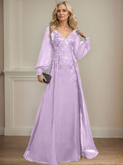 A-Line V-Neck Long Sleeves Floor-Length Chiffon Mother Of The Bride Dresses With Lace