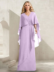 A-line V-Neck Floor-Length Chiffon Mother of the Bride Dress With Cascading Ruffles Beading