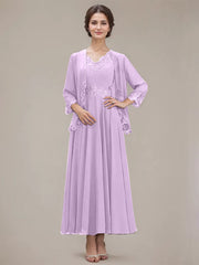 A-line V-Neck Ankle-Length Chiffon Mother of the Bride Dress With Sequins Appliques Lace Beading