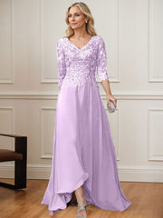 A-Line V-Neck 3/4 Sleeves Chiffon Mother Of The Bride Dresses With Lace