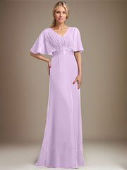 A-line V-Neck Floor-Length Chiffon Mother of the Bride Dress With Sequins Appliques Lace Pleated