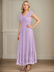 A-line V-Neck Ankle-Length Chiffon Mother of the Bride Dress With Bow Sequins Appliques Lace