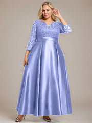 A-line V-Neck Ankle-Length Lace Satin Mother of the Bride Dress With Rhinestone