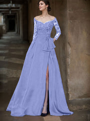 A-Line Off-The-Shoulder 3/4 Sleeves Sweep Train Lace/Satin Mother Of The Bride Dresses With Split Front