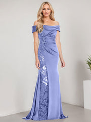 A-Line Off the Shoulder Floor-Length Chiffon Mother of the Bride Dress Applique Beadings Mermaid Dress With  High Split