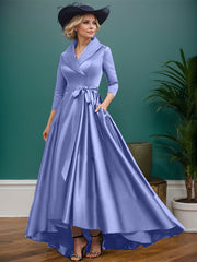 A-Line V-Neck 3/4 Sleeves Satin Mother Of The Bride Dresses With Pockets