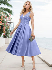 A-Line V-Neck Sleeveless Tea-Length Satin Mother Of The Bride Dresses With Lace