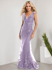 A-line V-Neck Floor-Length Lace Chiffon Mother of the Bride Dress With Applique Sequins Mermaid Dresses