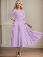 A-line V-Neck Tea-Length Chiffon Lace Mother of the Bride Dress With Beading Sequins