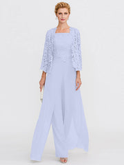 3 Piece Chiffon Square Neck Mother of the Bride Pantsuits with Jacket