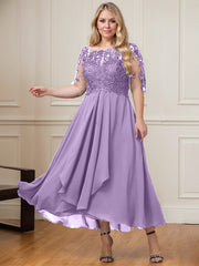 A-line Boat Neck Illusion Asymmetrical Lace Chiffon Mother of the Bride Dress With Cascading Ruffles Sequins
