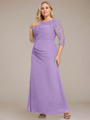 A-line Scoop Floor-Length Chiffon Lace Mother of the Bride Dress With Sequins Beading Pleated