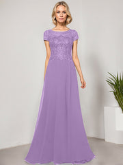 A-line Scoop Illusion Floor-Length Lace Chiffon Evening Dress With Sequins