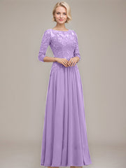 A-line Boat Neck Illusion Floor-Length Chiffon Lace Mother of the Bride Dress With Sequins Beading