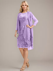 Sheath/Column Scoop Illusion Knee-Length Lace Chiffon Mother of the Bride Dress With Cascading Ruffles Sequins