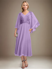 A-line V-Neck Tea-Length Chiffon Lace Mother of the Bride Dress With Sequins Beading