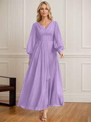 A-line V-Neck Ankle-Length Chiffon Mother of the Bride Dress With Cascading Ruffles Beading Sequins