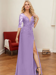 A-Line V-Neck 1/2 Sleeves Floor-Length Chiffon Mother Of The Bride Dresses With Lace