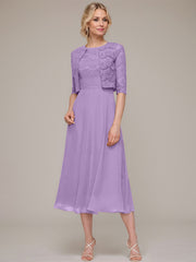 A-line/Princess Scoop Tea-Length Chiffon Mother of the Bride Dress With Lace Jacket