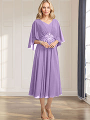 A-line V-Neck Tea-Length Chiffon Mother of the Bride Dress With Pleated Sequins Appliques Lace Beadind
