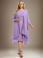 Sheath/Column Scoop Illusion Knee-Length Lace Chiffon Mother of the Bride Dress With Cascading Ruffles Sequins