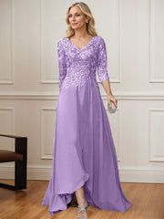 A-Line V-Neck 3/4 Sleeves Chiffon Mother Of The Bride Dresses With Lace