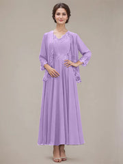 A-line V-Neck Ankle-Length Chiffon Mother of the Bride Dress With Sequins Appliques Lace Beading