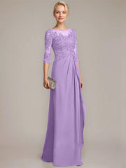 A-line Scoop Illusion Floor-Length Chiffon Lace Mother of the Bride Dress With Beading Sequins Cascading Ruffles
