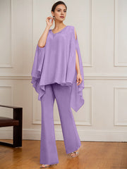 Separates Jumpsuit/Pantsuit V-Neck Floor-Length Chiffon Mother of the Bride Dress With Beading
